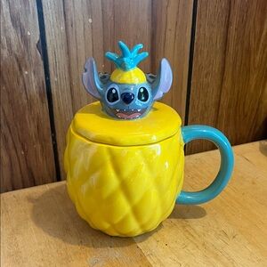 Yellow Pineapple Mug with Blue Handle and Lilo and Stitch Character Lid
